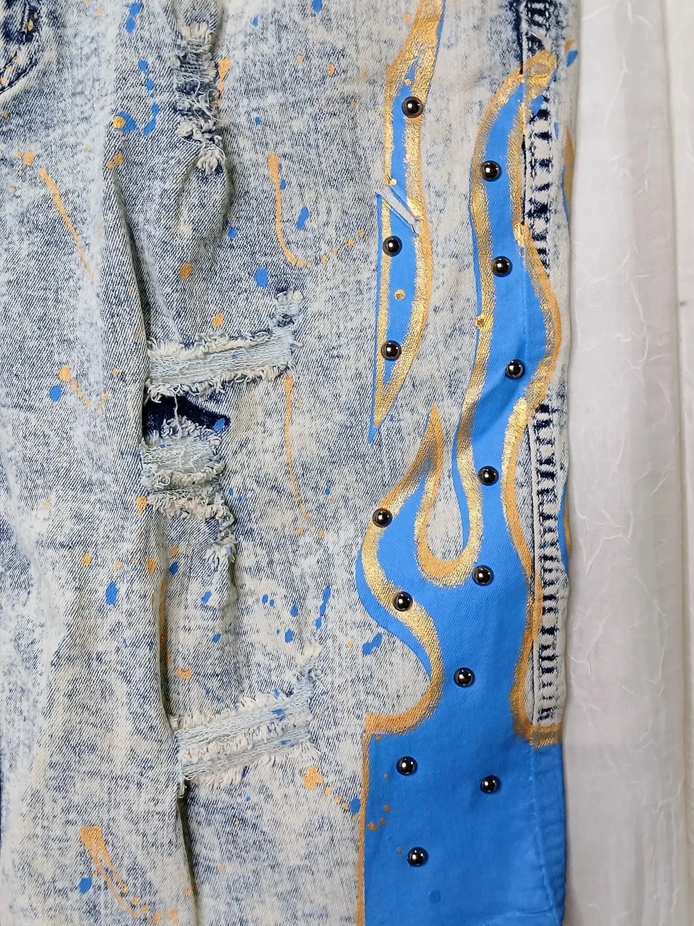 Men's Acid-Wash Jean Shorts with Blue Flame Detail